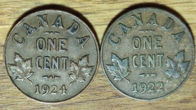 Canada - set raritati pt cunoscatori - 1 cent 1922 &amp;amp; 1924 - George V - superbe ! foto