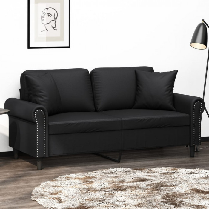 vidaXL Canapea cu 2 locuri cu pernuțe, negru, 140 cm, piele ecologică 3200930