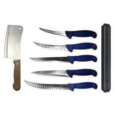 Pachet profesional pentru macelarie, dezosat, injunghiat, transat, filetat, 5 cutite, suport magnetic, satar