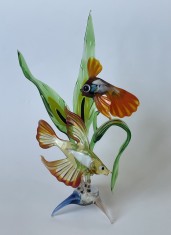 Figurina de sticlă, atelier sticlărie Rusia, compoziție pești cu alge