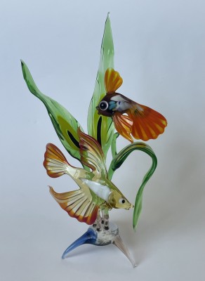 Figurina de sticlă, atelier sticlărie Rusia, compoziție pești cu alge foto