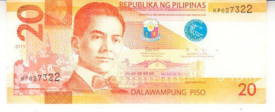 M1 - Bancnota foarte veche - Filipine / Pilipinas - 20 piso - 2019 foto