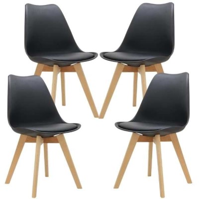 Set 4 Scaune Grosseto, Stil Scandinav cu Picioare din Lemn, Sezut din PP si Perna din Piele Ecologica, Maxim 120 Kg, 49 x 45 x 82 cm, Negru foto