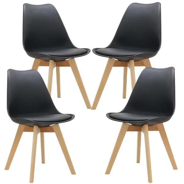 Set 4 Scaune Grosseto, Stil Scandinav cu Picioare din Lemn, Sezut din PP si Perna din Piele Ecologica, Maxim 120 Kg, 49 x 45 x 82 cm, Negru