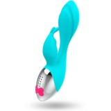 Vibrator Iepuras HAPPY LOKY MIKI RABBIT, Silicon Moale, 2 Motoare, 7 Moduri Vibratie, Clitoris si Punct G, Reincarcabil USB, Turquoise/Argintiu