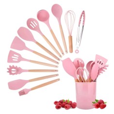 Set 12 Ustensile Bucatarie Koken, Lemn/Silicon, Suport Plastic, Antiaderente, Termorezistente,Roz + Suport Lingura - Roz