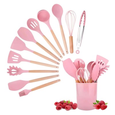 Set 12 Ustensile Bucatarie Koken, Lemn/Silicon, Suport Plastic, Antiaderente, Termorezistente,Roz + Suport Lingura - Roz foto