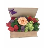 Aranjament floral personalizabil in carte cu licheni stabilizati si trandafir criogenat, Eventissimi