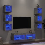 vidaXL Unități TV de perete cu LED-uri 8 piese gri beton lemn compozit