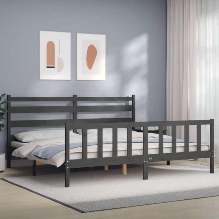 vidaXL Cadru pat cu tăblie 200x200 cm, gri, lemn masiv 3192058