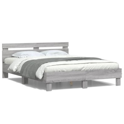 vidaXL Cadru de pat cu tăblie și LED, gri sonoma, 140x190 cm 3207565 foto