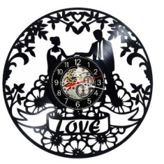 Ceas de perete decorativ realizat din disc de vinil, Model Nunta Cuplu Mire si Mireasa Love Flori, Negru, 30 cm
