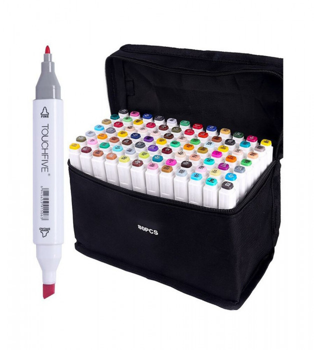 Set 80 bucati Markere TouchFive multicolor, cu 2 capete diverse culori si geanta
