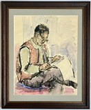 David Teodorovici Tablou 1978 Portret Bătr&acirc;n citind ziarul pictura acuarele inramat 47x57cm, Portrete, Acuarela, Realism