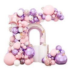 Set 141 baloane, Arcada aniversara fetite, Baby Shower/Botez, Roz/lila
