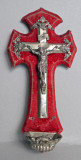 1910 Crucifix catolic francez in catifea rosie, vintage original 25cm