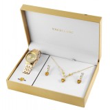 Set Cadou Damă: Ceas, Colier, Inel, Cercei Swarovski Hearts Gold placate, Cutie Cadou Elegantă - Bijuterii Femei, Set Bijuterii Aurii