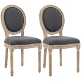 HOMCOM Set de 2 Scaune de Sufragerie, Scaune Medalion Stil Louis XVI, Șezut și Spătar Tapițate &icirc;n Aspect de In, Gri | Aosom Romania