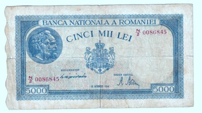 ROMANIA 5000 5 000 LEI 10 OCTOMBRIE 1944 STARE F BUNA CU 2 FISURI foto