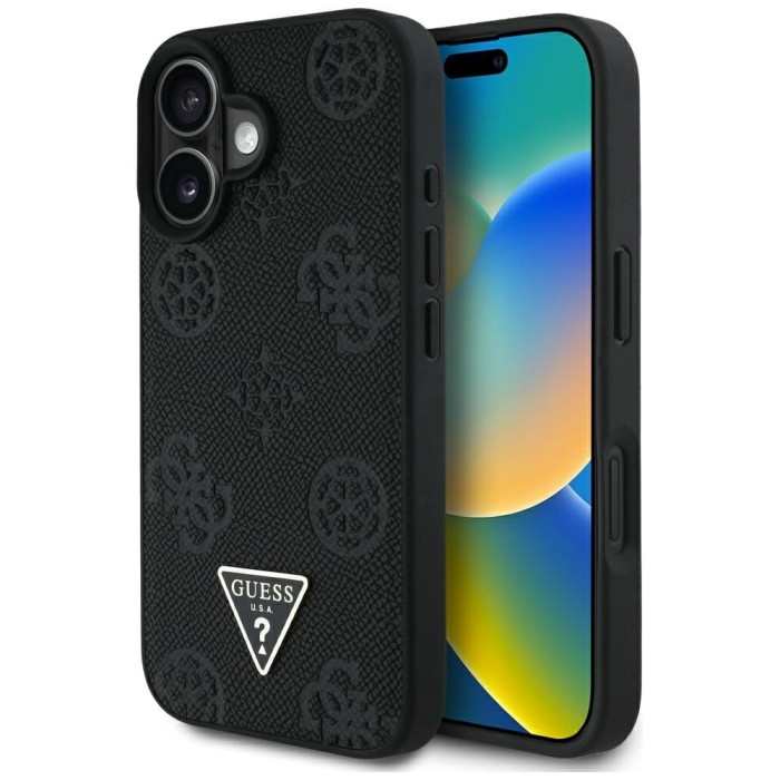 Husa iPhone 16 Guess Peony Grained Hot Stamp Triangle MagSafe, negru, GUHMP16SPGBTMK