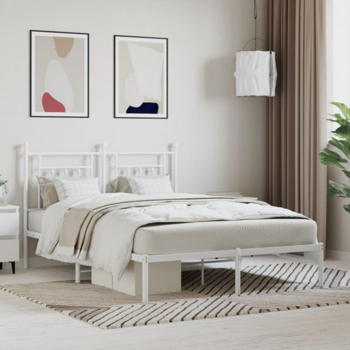 vidaXL Cadru de pat metalic cu tăblie, alb, 140x190 cm