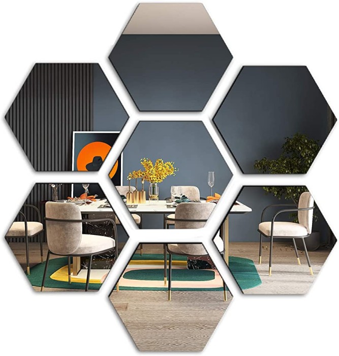 Set 8 Oglinzi Acrilice Autoadezive Luxer, Model Hexagon,12.5x11x6.4 cm, Silver