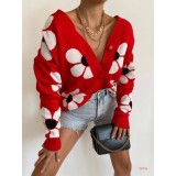 Cardigan scurt, rosu cu flori albe