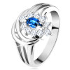 Inel strălucitor, brațe ramificate, floare zirconii albastru &icirc;nchis și transparente, arce - Marime inel: 53