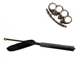 Set Autoaparare: Baston Telescopic Flexibil 47cm Negru, Pumnal Craniu, Box Metalic Otel, Husa Curea