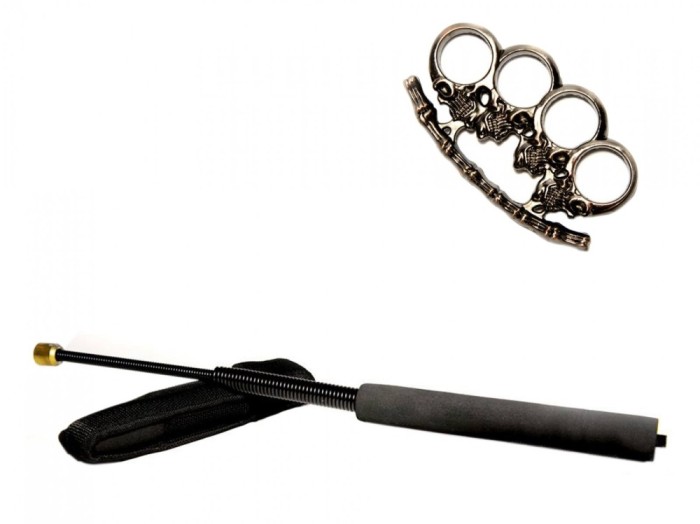 Set baston telescopic flexibil negru 47 cm si pumnal craniu