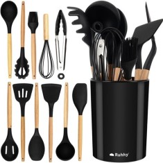 Set 12 ustensile de bucatarie, din silicon alimentar, maner de lemn, negru, premium RUHHY