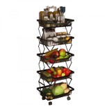 Organizator pliabil, mobil, negru, cu cinci cosuri, din otel inoxidabil, pentru depozitarea legumelor, fructelor si a altor alimente obiecte in bucata, Oem