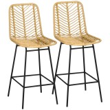 HOMCOM Lot de 2 taburete de bar design boem &Icirc;nălțime 66 cm cu suport pentru picioare din metal și răchită PE, natural | Aosom Romania
