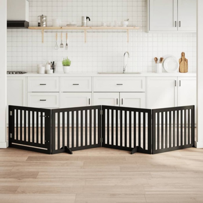vidaXL Poartă c&acirc;ini pliabilă cu ușă 4 panouri negru, 320 cm, lemn plop 352257