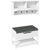 Cuier de Perete cu Banca Suport pentru Pantofi Dotata cu Cuburi de Perete, 4 Carlige si Raft Retractabil, 80x20x40 cm, Alb HOMCOM | Aosom RO