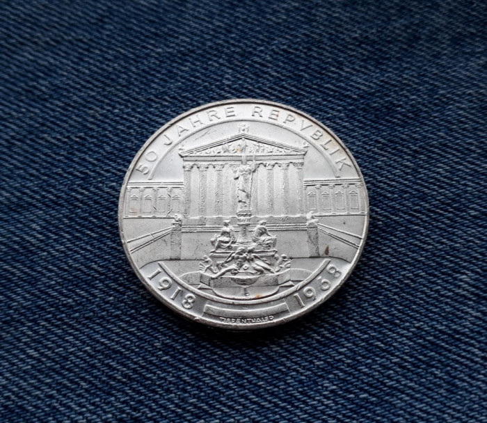 50 Schilling Austria 1968 silingi argint Aniversarea 50 a Republicii 1918 1968