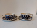 Cumpara ieftin Set 2 cesti ceramice pentru cafea / ceai, cu farfurioare, vintage, ORIGINAL BUNZLAU Made in Germany, Feuer Fest, Coada de Paun Mid-Century Modern