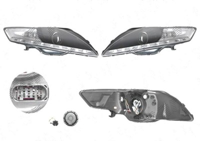 Far Ford Mondeo (Ba7), 03.2007-02.2015, fata, Stanga+Dreapta, cu LED-uri pozitie; H9; manual; negru, transparent; tuning; foto