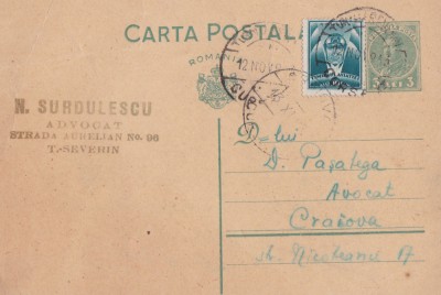 CARTE POSTALA CIRCULATA TR.SEVERIN - CRAIOVA 12 \ 13 NOV.1933 foto