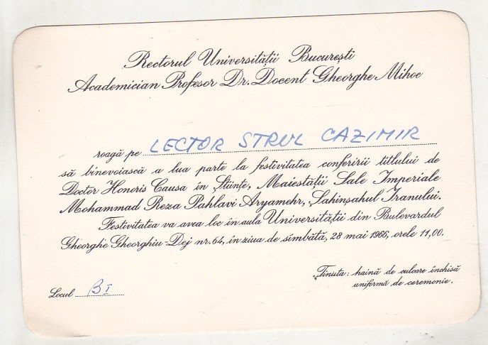 bnk div Invitatie conferire titlu Doctor honoris causa Mohammad Reza Pahlavi