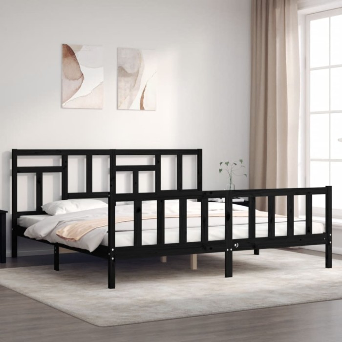 vidaXL Cadru pat cu tăblie 200x200 cm, negru, lemn masiv 3193165