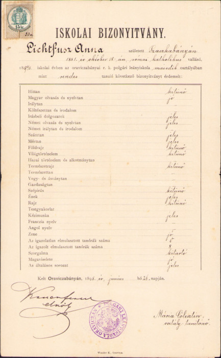 HST A1835 Certificat școlar 1895 Oravița