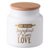 Borcan Sticla Mat 635ml cu Mesaj Auriu &quot;The Secret Ingredient Is Always Love&quot; si Capac Lemn - Elegant pentru Condimente
