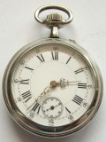 j002 Ceas de buzunar anii 1910 din metal alb 49mm 89g deosebit de frumos functional
