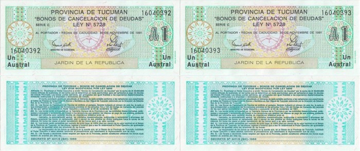 2 x 1991 ( 30 XI ) , 1 austral ( P-S2711b.1 ) - Argentina - stare UNC
