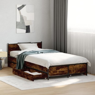 vidaXL Cadru de pat cu sertare stejar fumuriu 75x190 cm lemn prelucrat 3279974 foto