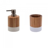 Set accesorii din bambus pentru baie, dozator sapun lichid si pahar, alb natur, Oem
