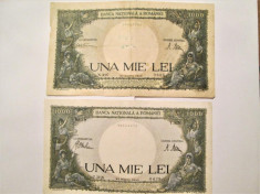 Lot 2 Bancnote vechi, Romania: 1000 Lei, 23 Martie 1943 + 20 Martie 1945 foto