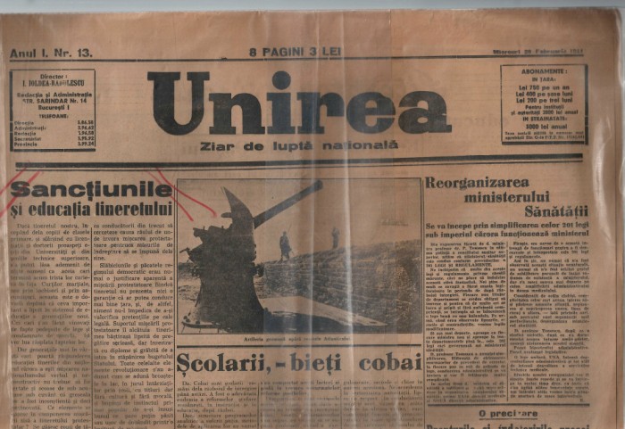 Ziarul Unirea Anul I nr. 13 - 26 febr. 1941