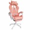 Scaun de gaming roz, pentru fetite, cu perna lombara si suport picioare, 64x116-123 cm